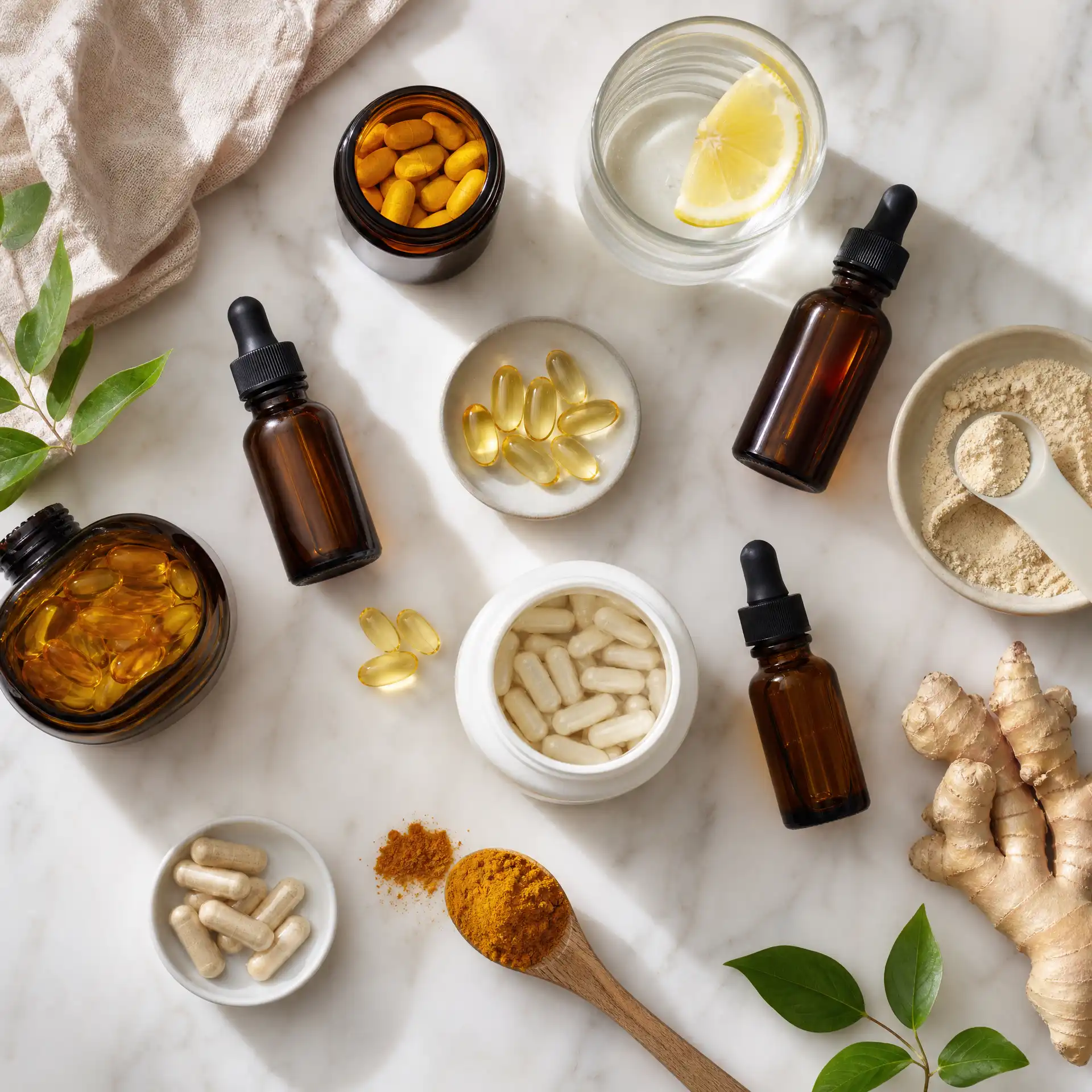 Wellness supplement flat-lay on white marble — amber dropper bottles, omega-3 capsules, turmeric powder, probiotics, ginger root, and lemon water