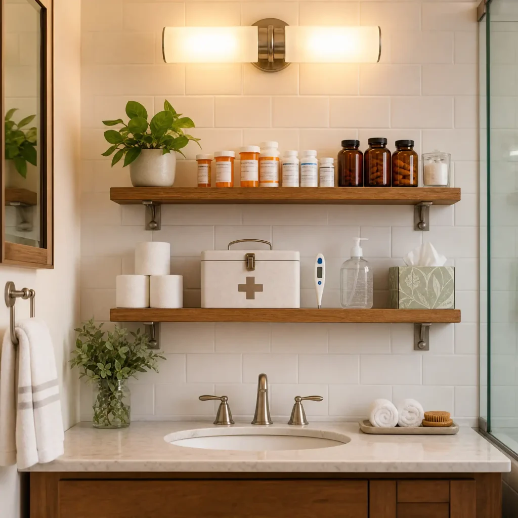 Modern bathroom medicine cabinet with pill bottles, first aid kit, thermometer, hand sanitizer, and tissues on wooden shelves — warm vanity lighting