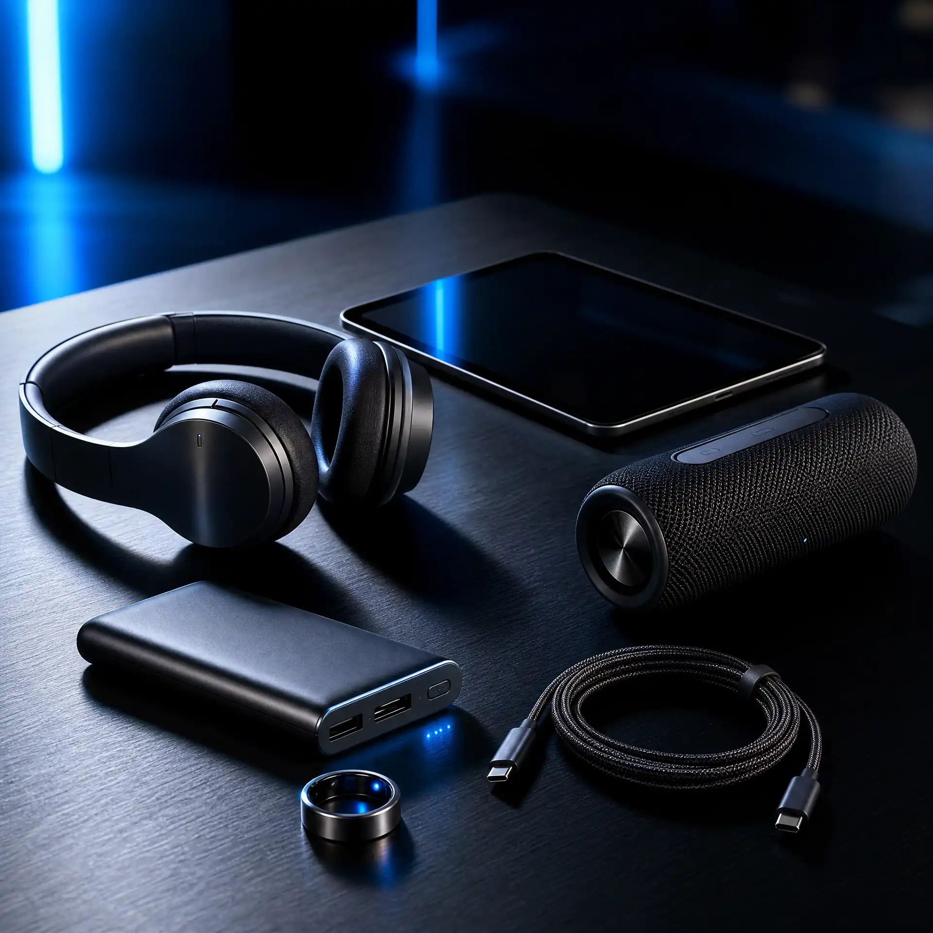Dark moody electronics collection — headphones, tablet, Bluetooth speaker, smart ring, power bank, USB-C cables with blue neon accents