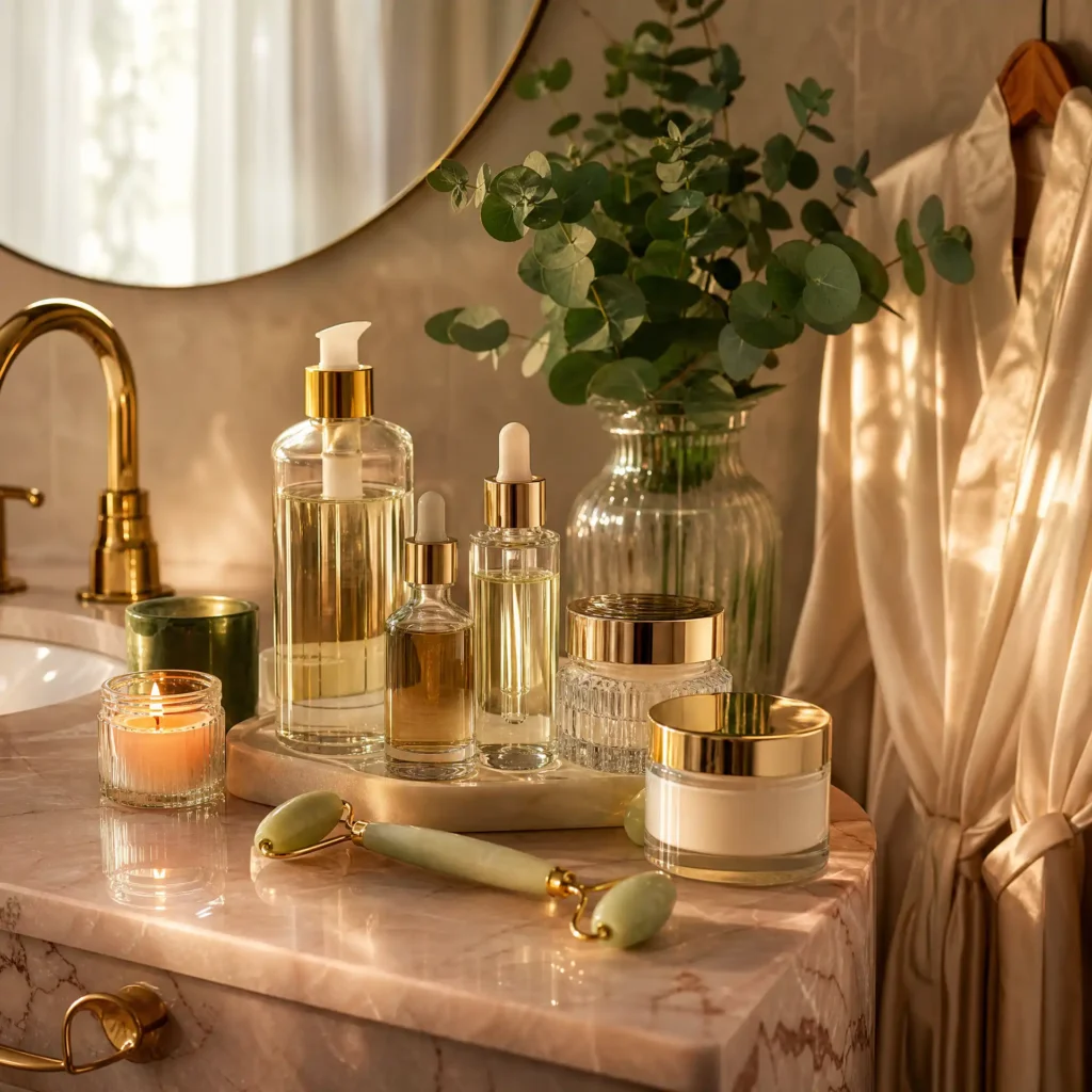 Luxury bathroom vanity with skincare serums, jade roller, gold-accented cream jars, and eucalyptus — warm marble and candlelight glow