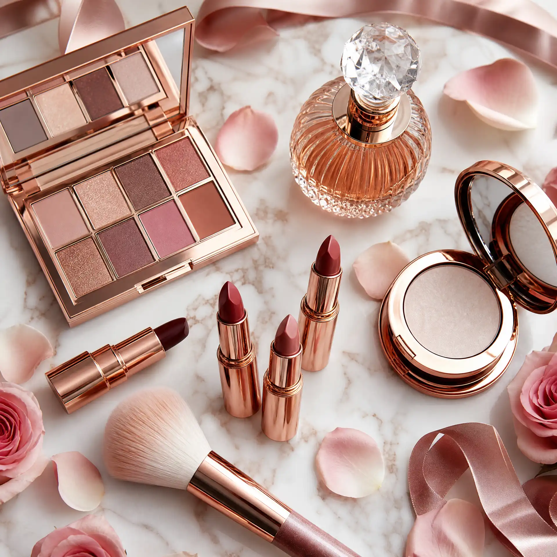 Makeup flat-lay with rose gold palette, lipsticks, brush, perfume, and compact mirror on white marble with rose petals