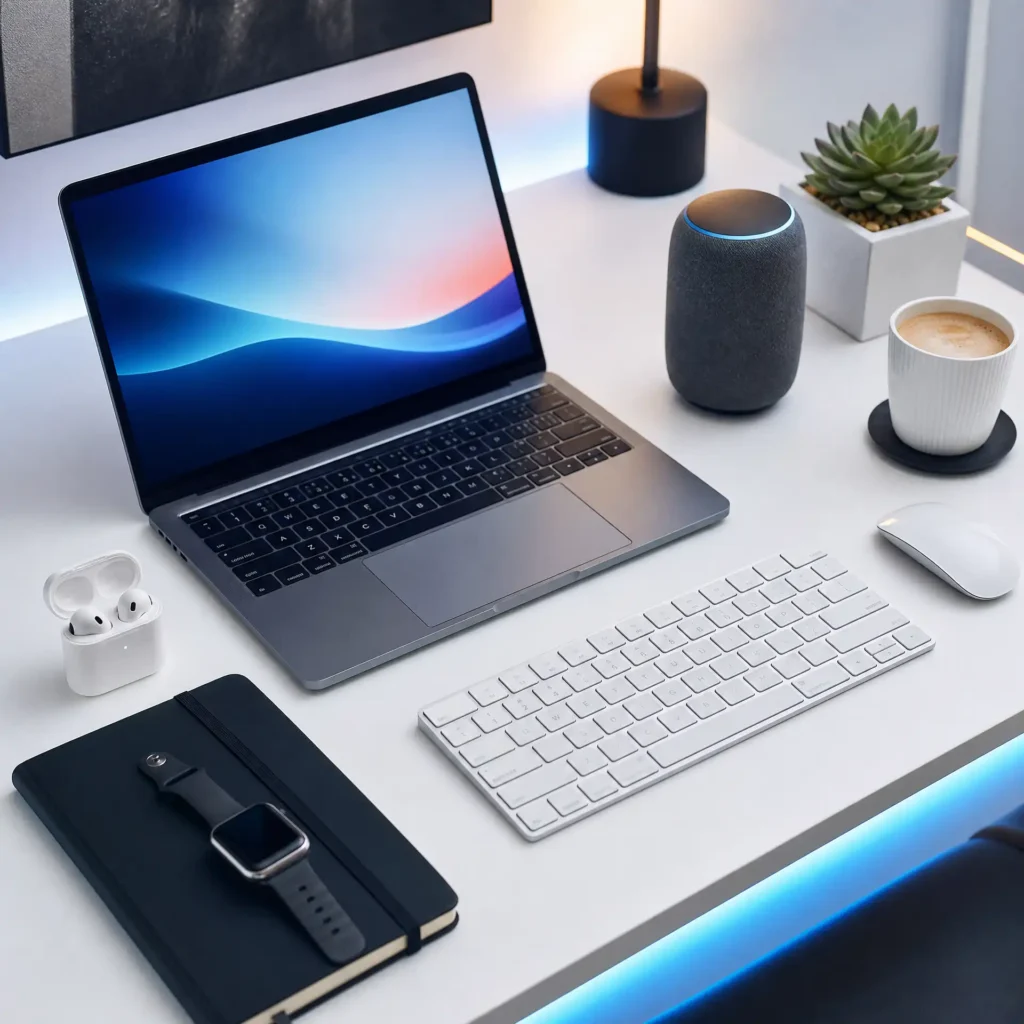 Modern tech workspace — laptop, wireless earbuds, smartwatch, keyboard, smart speaker, coffee, and blue LED underglow