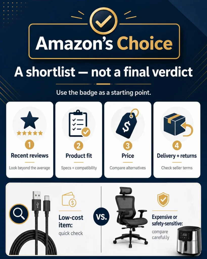 Amazon's Choice is useful as a screening signal, but shoppers should not treat it as a final buying decision. The badge tells you that Amazon sees positive marketplace signals around the product. Before buying, look at: Recent reviews, not only the overall star average Product specifications and compatibility Current price compared with close alternatives Return warnings, seller information, and delivery terms This becomes more important for expensive, safety-related, technical, or size-sensitive purchases. A $15 USB cable may not require 30 minutes of research. A $700 office chair, child safety product, computer component, or appliance deserves more scrutiny even if Amazon displays a recommendation badge.