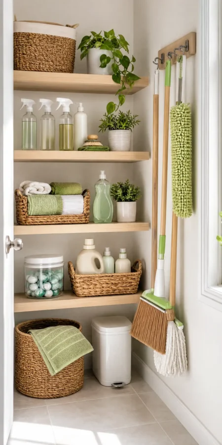 Organized cleaning supplies closet — eco-friendly spray bottles, laundry pods, mop, broom, microfiber cloths in baskets, and green plants