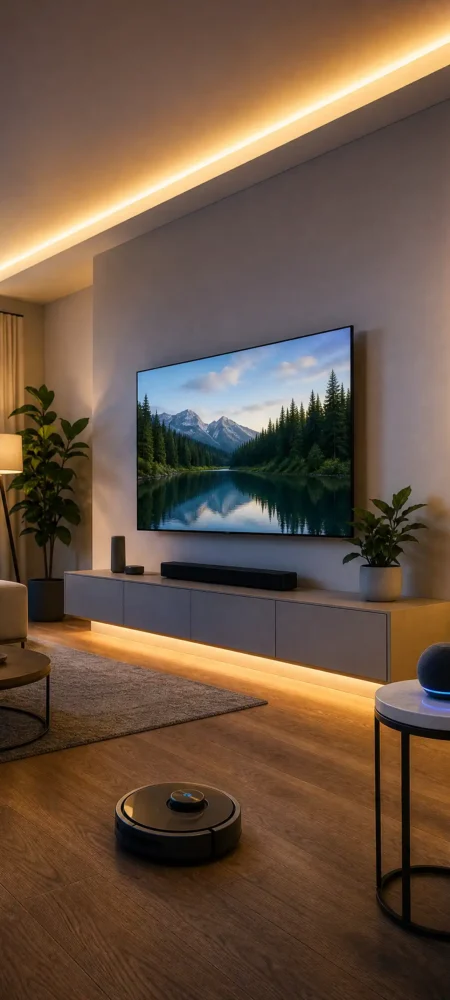 Smart home living room — wall-mounted TV, robot vacuum, smart hub, LED light strips, doorbell camera, smart thermostat