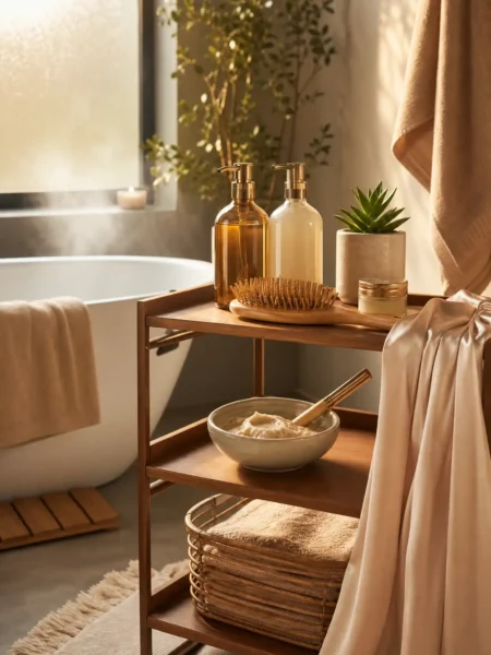 Spa-like bathroom shelf with luxury shampoo bottles, wooden hairbrush, silk pillowcase, face mask bowl, and succulent